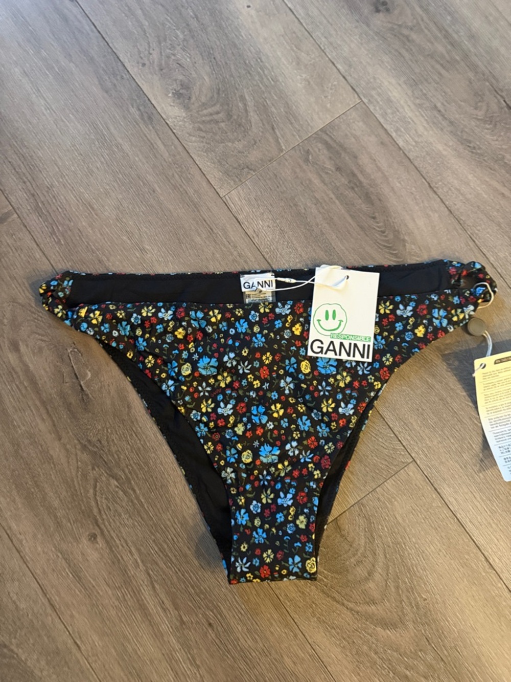 Ganni Black Bikini Bottoms with Floral Print Euro Size 44 / US14